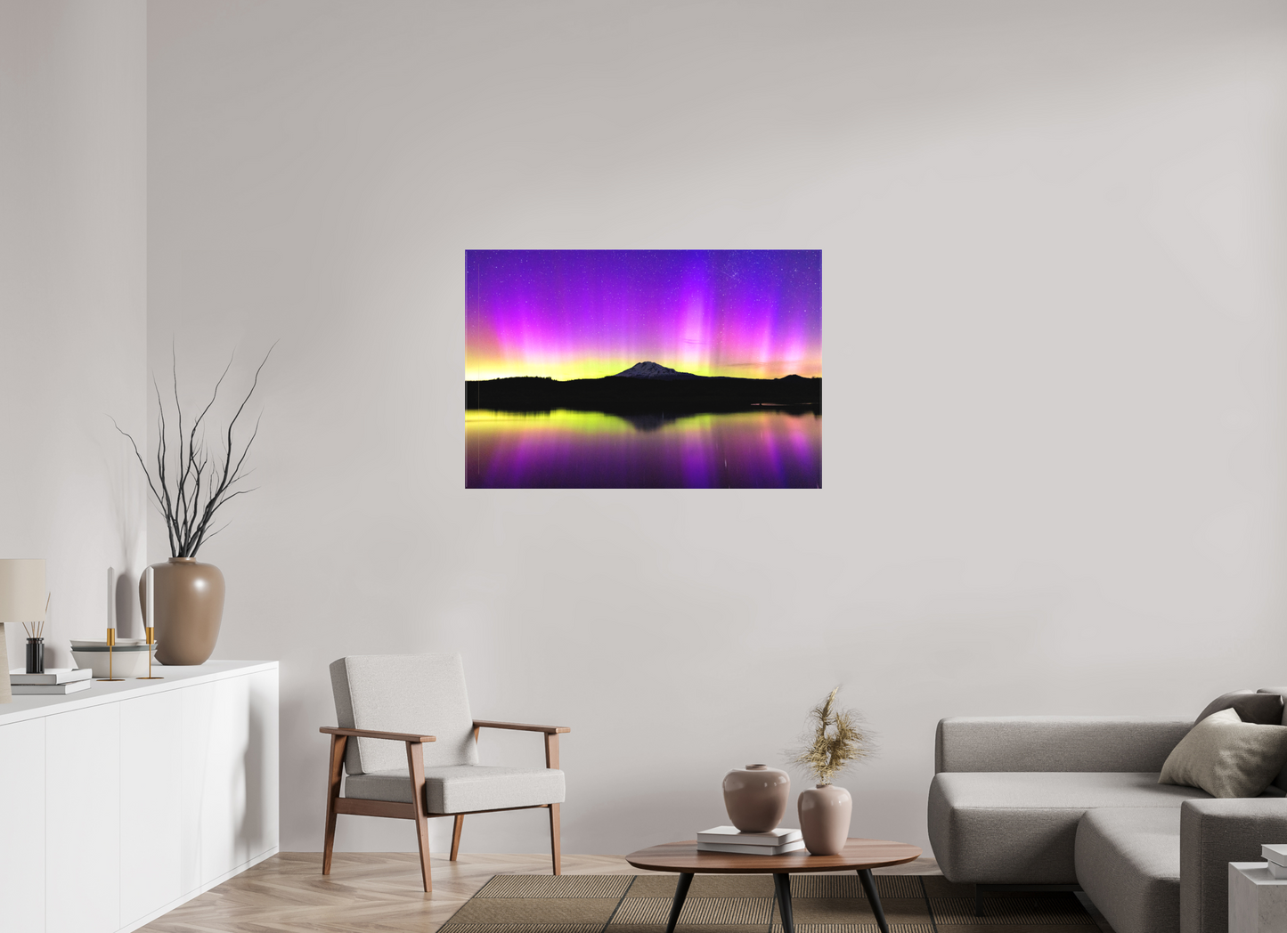 45 x 30″, Matte Canvas on Stretcher Frame Aurora Night and Mt. Adams