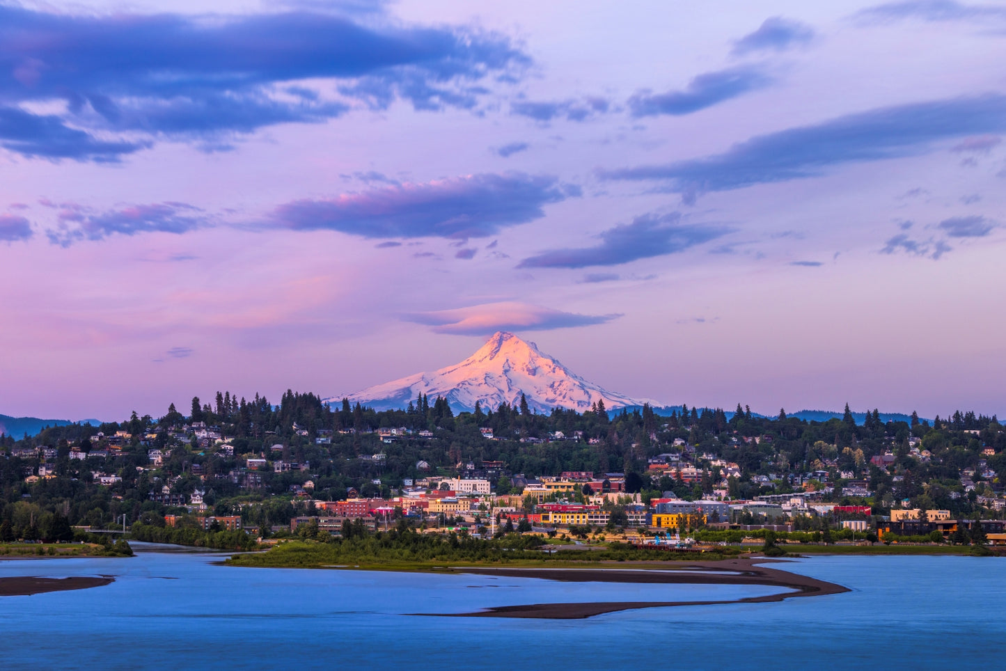 Cityscape with a mountain in the background under a pink and blue sky.  Hood River Oregon landscape greeting card, Columbia River Gorge fine art photography 