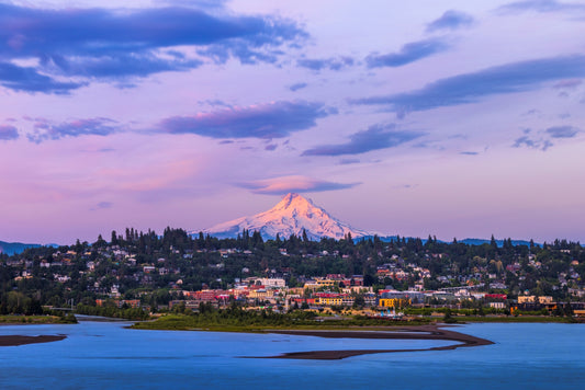 Cityscape with a mountain in the background under a pink and blue sky.  Hood River Oregon landscape greeting card, Columbia River Gorge fine art photography 