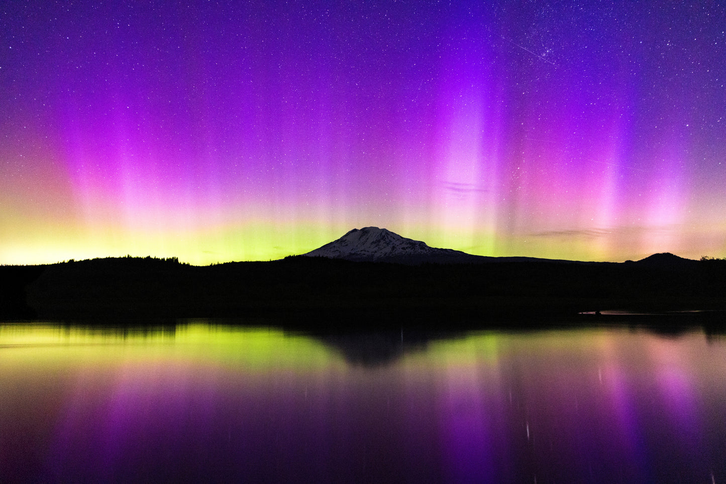 Aurora borealis dancing over Mt. Adams Washington at night, fine art landscape photography