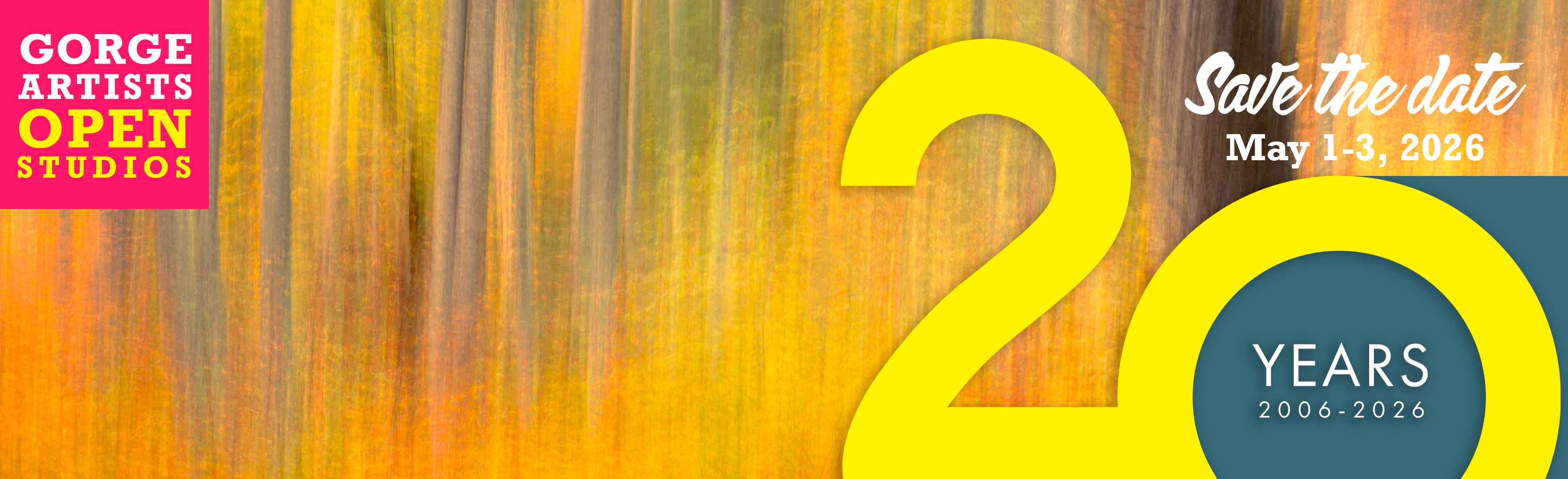 Promotional banner for Gorge Artists Open Studios with a colorful abstract design and text indicating 20 years of events.