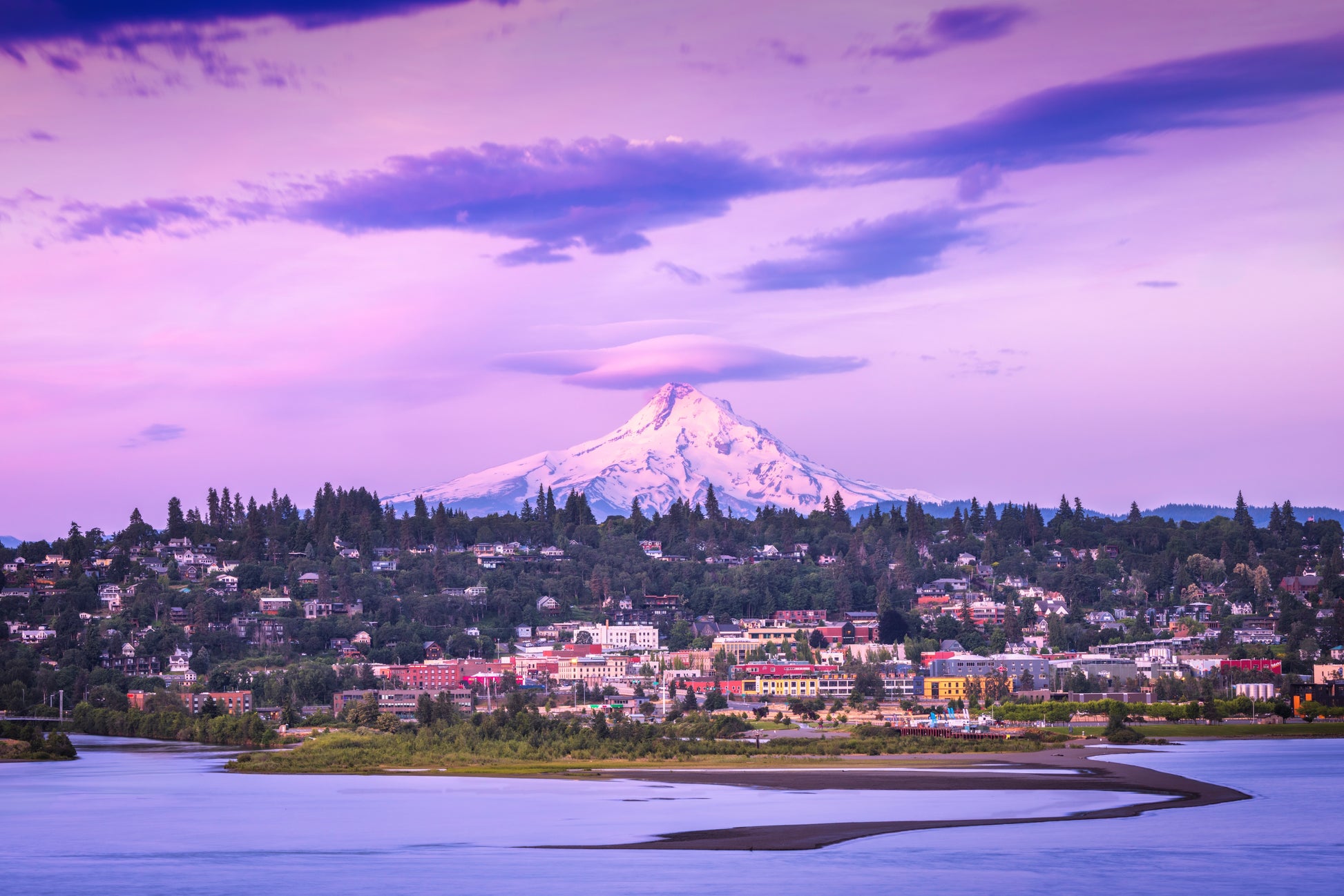 Hood River sunrise over Columbia River with Mount Hood volcano in background, golden light reflecting on water, iconic Pacific Northwest landscape photography, Columbia River Gorge National Scenic Area, Oregon fine art print