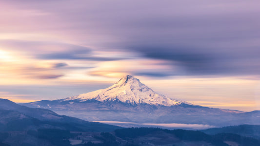 Mount Hood landscape photography at blue hour with ethereal clouds flowing across snow-covered peak, fine art print 