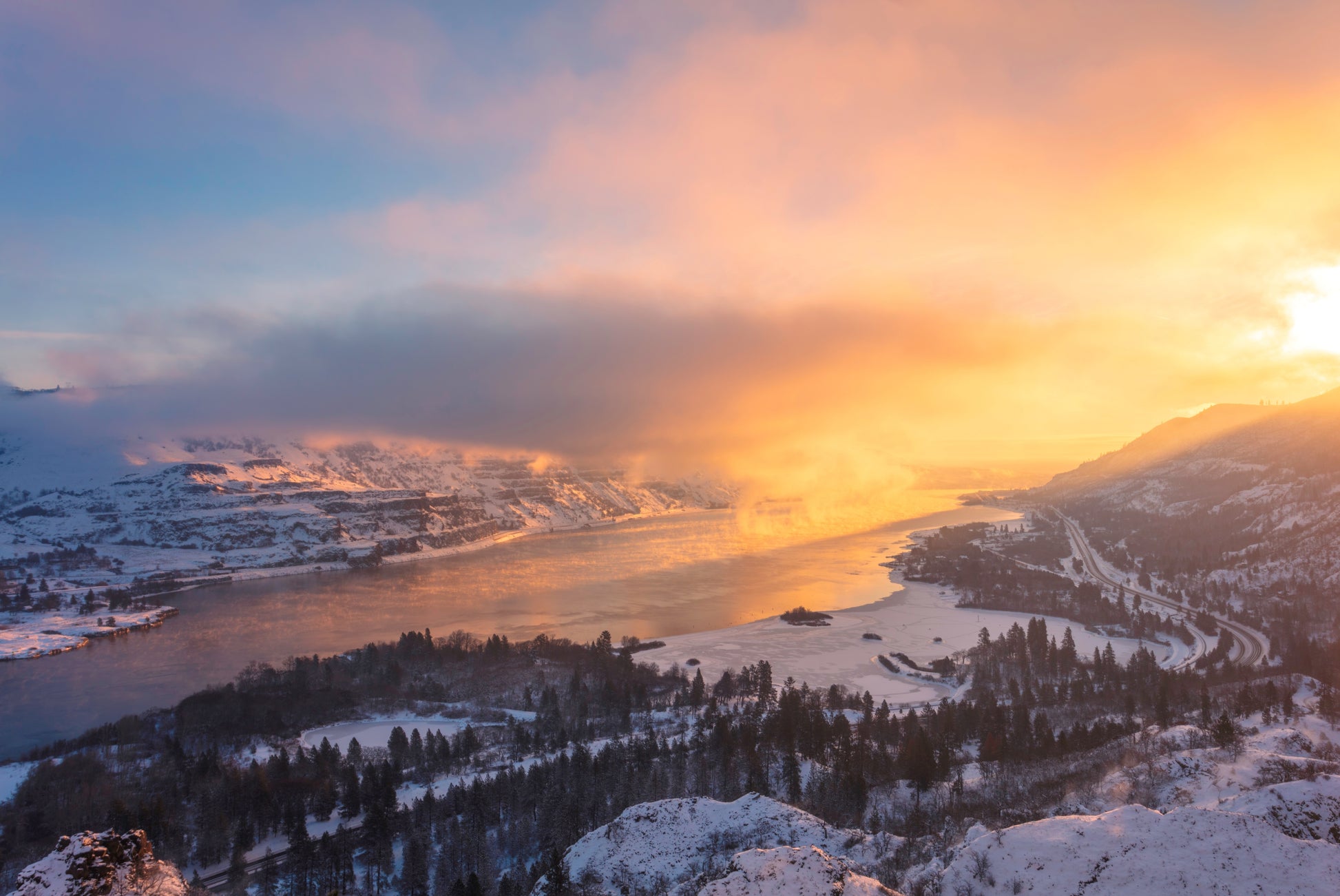 Peach sunrise over frost-covered canyon at Rowena Crest Columbia River Gorge fine art landscape photography by Orolume Gallery