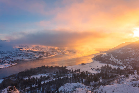 Peach sunrise over frost-covered canyon at Rowena Crest Columbia River Gorge fine art landscape photography by Orolume Gallery